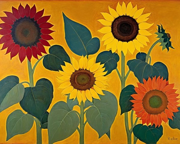 Vibrant Painting of Sunflowers on Yellow Background