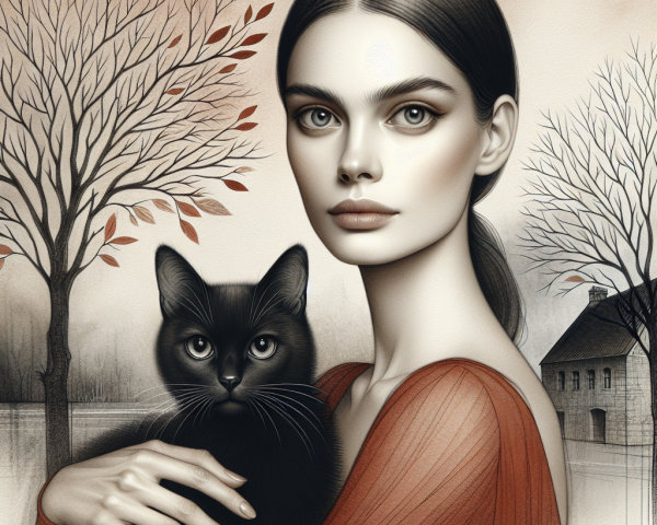 Woman with Black Cat in Autumn Landscape