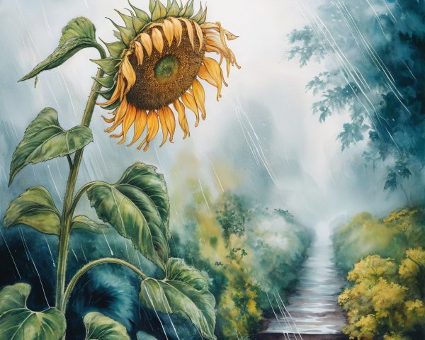 Sunflower in Misty Landscape with Raindrops and Path