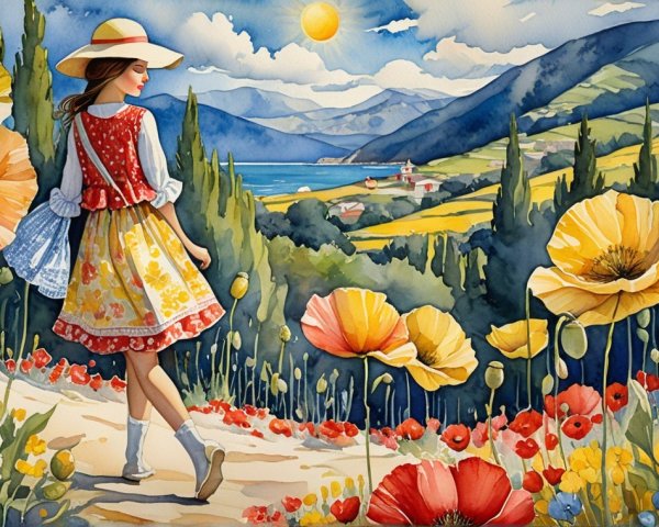Young woman in traditional attire on a scenic path