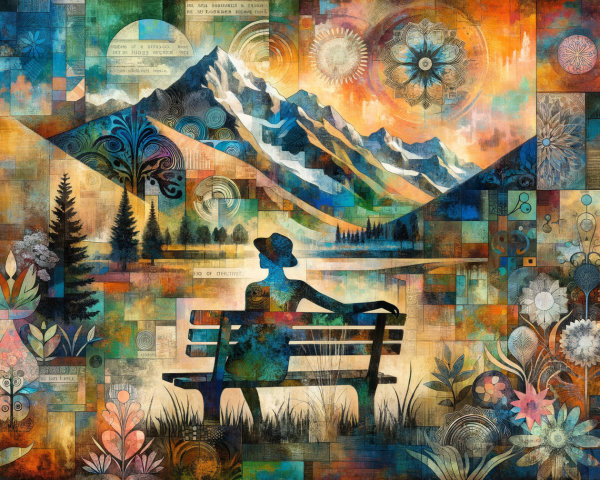 Vibrant Abstract Art with Mountain and Lake Landscape