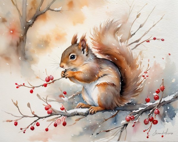 Watercolor Painting of Squirrel on Snowy Branch