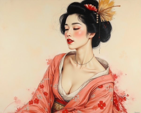 Traditional Japanese Woman in Vibrant Orange Kimono