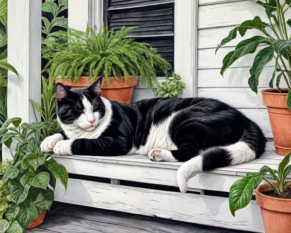 Black and white cat relaxing in a serene garden setting
