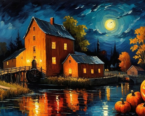 Rustic House by River in Autumn Moonlight Scene