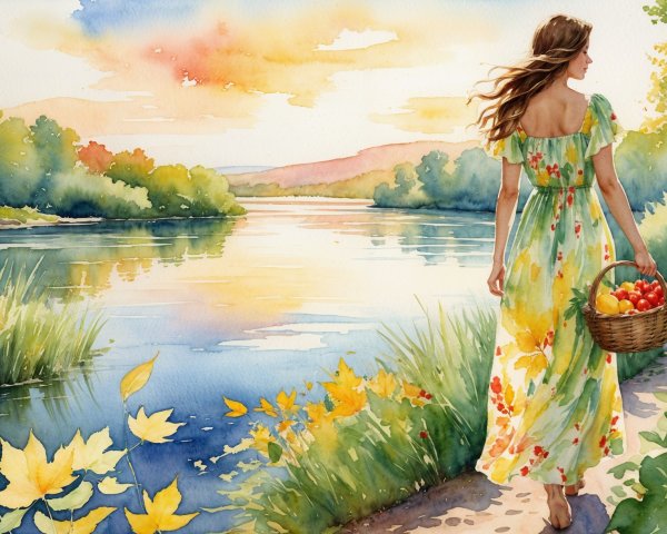 Watercolor Scene of Woman by Calm River at Sunset