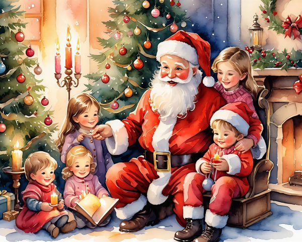 Santa Claus with Children in a Festive Christmas Scene