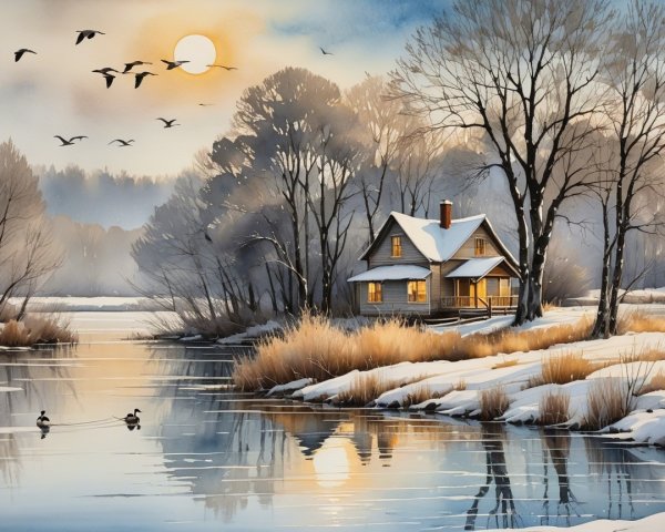 Serene Winter Landscape with Cottage and River