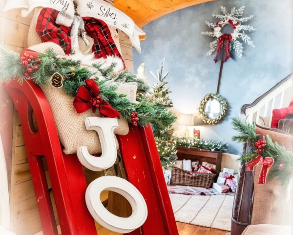 Festive Holiday Scene with Red Sled and Decorations