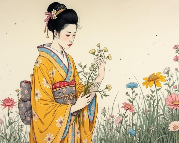 Young Woman in Yellow Kimono in Lush Garden Setting