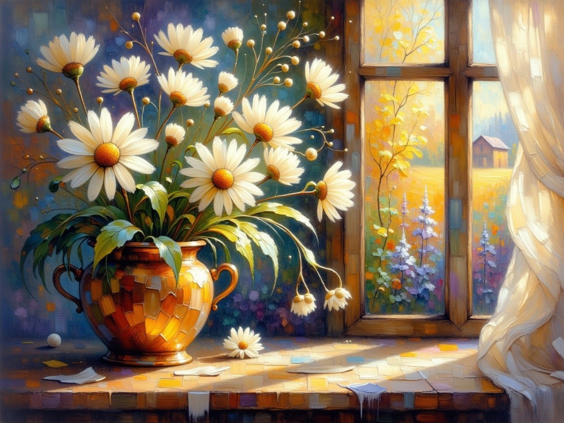 Bouquet of Daisies in Sunlit Window Setting