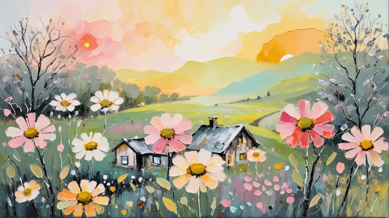 Serene Landscape with House and Colorful Flowers