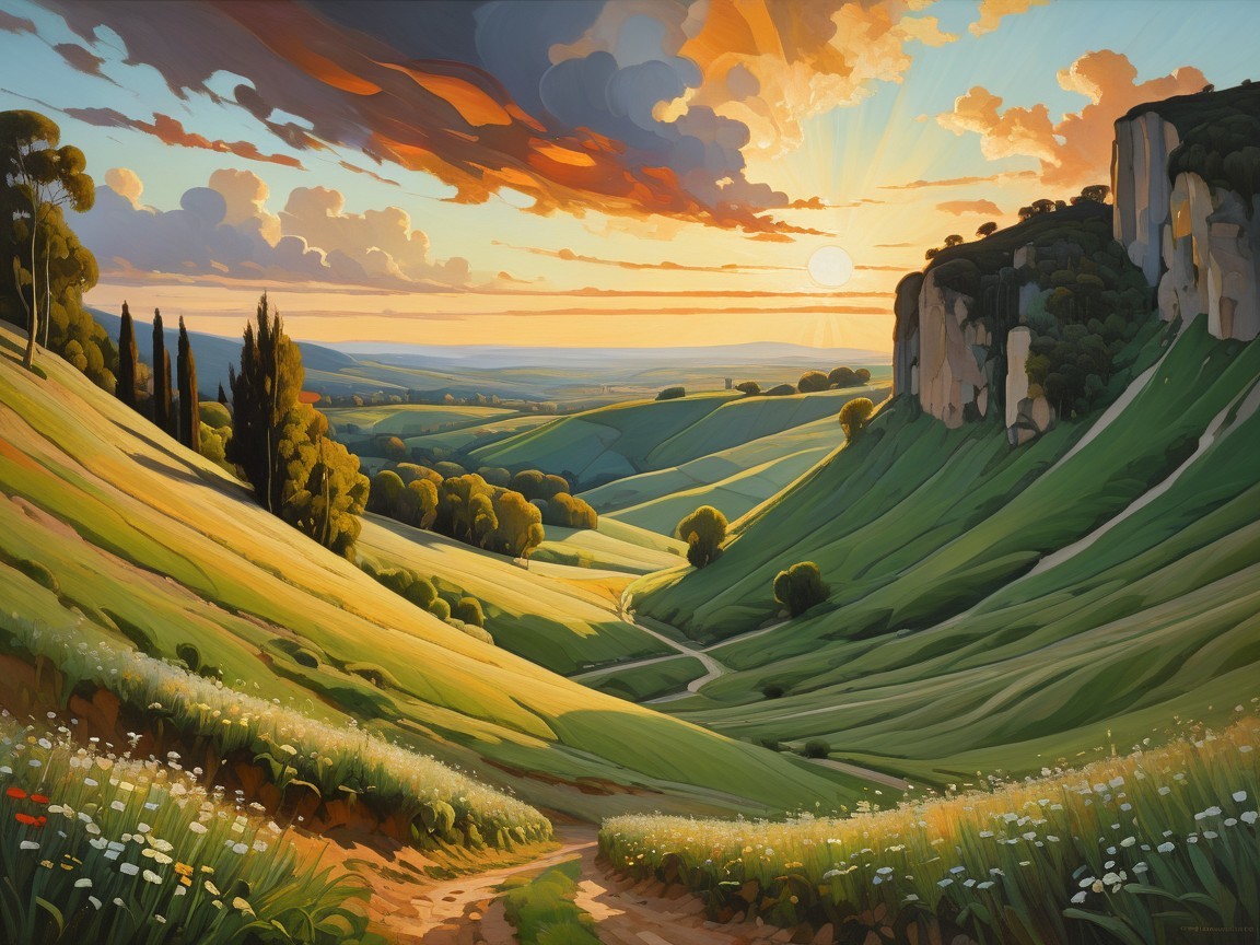 Picturesque Landscape with Rolling Hills and Sunset