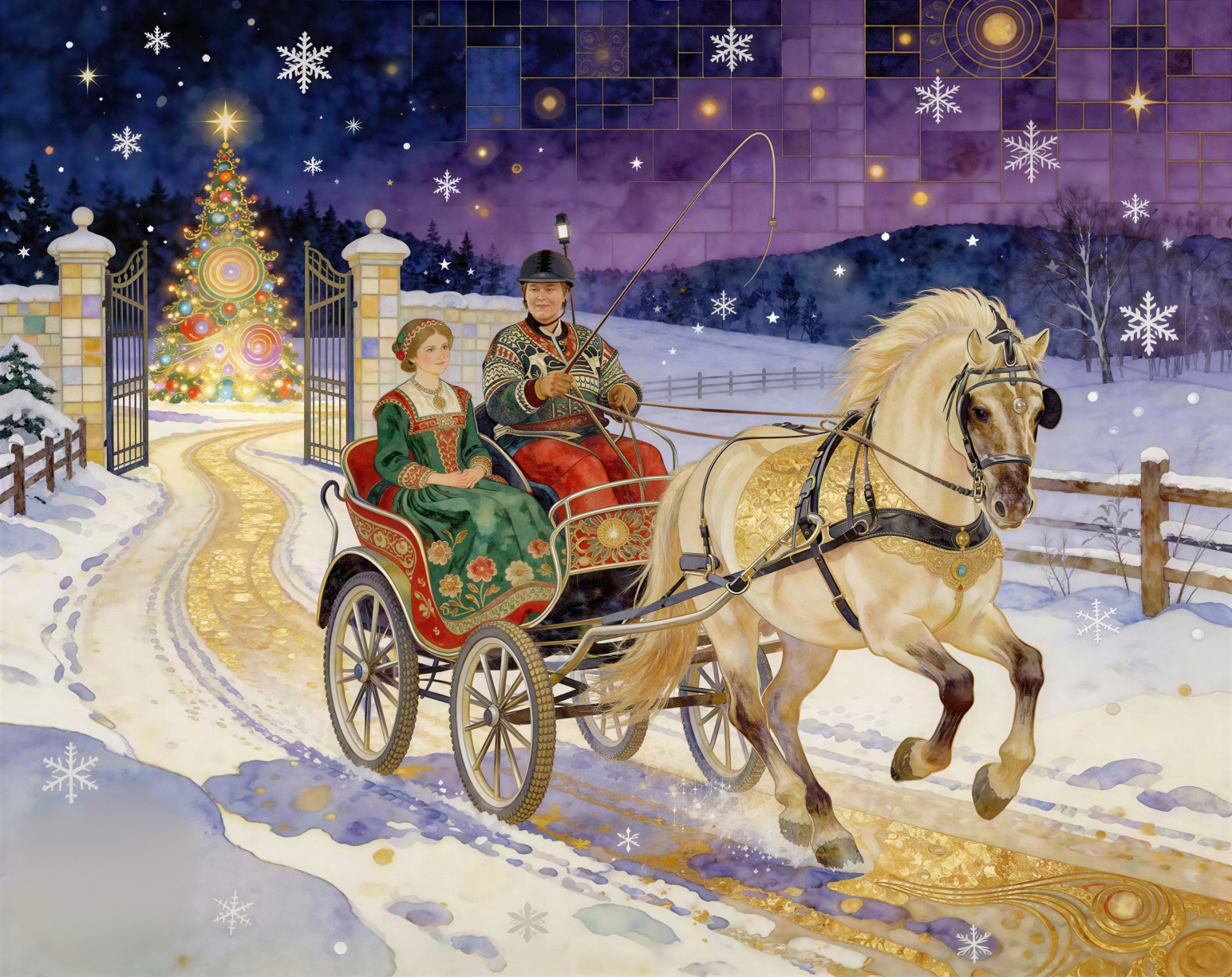 Christmas Scene with Golden Horse and Ornate Carriage