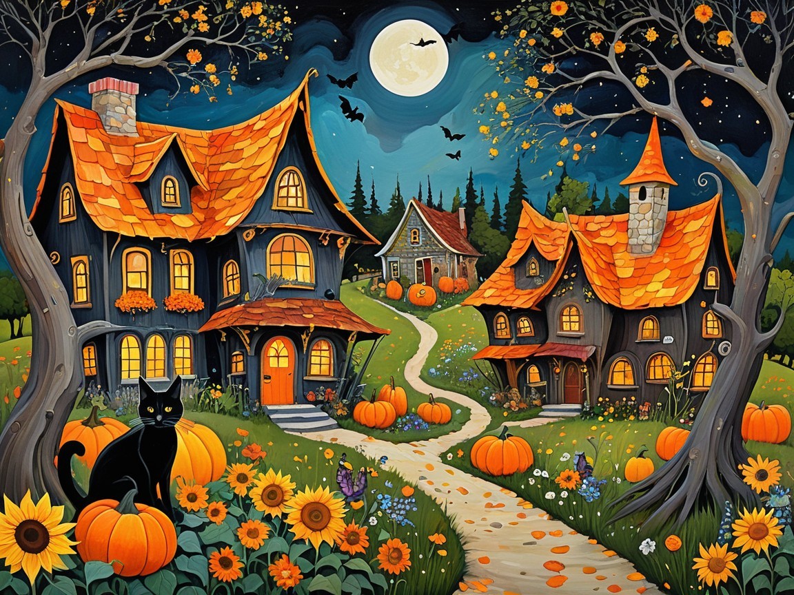 Whimsical Halloween Scene with Cottages and Pumpkins