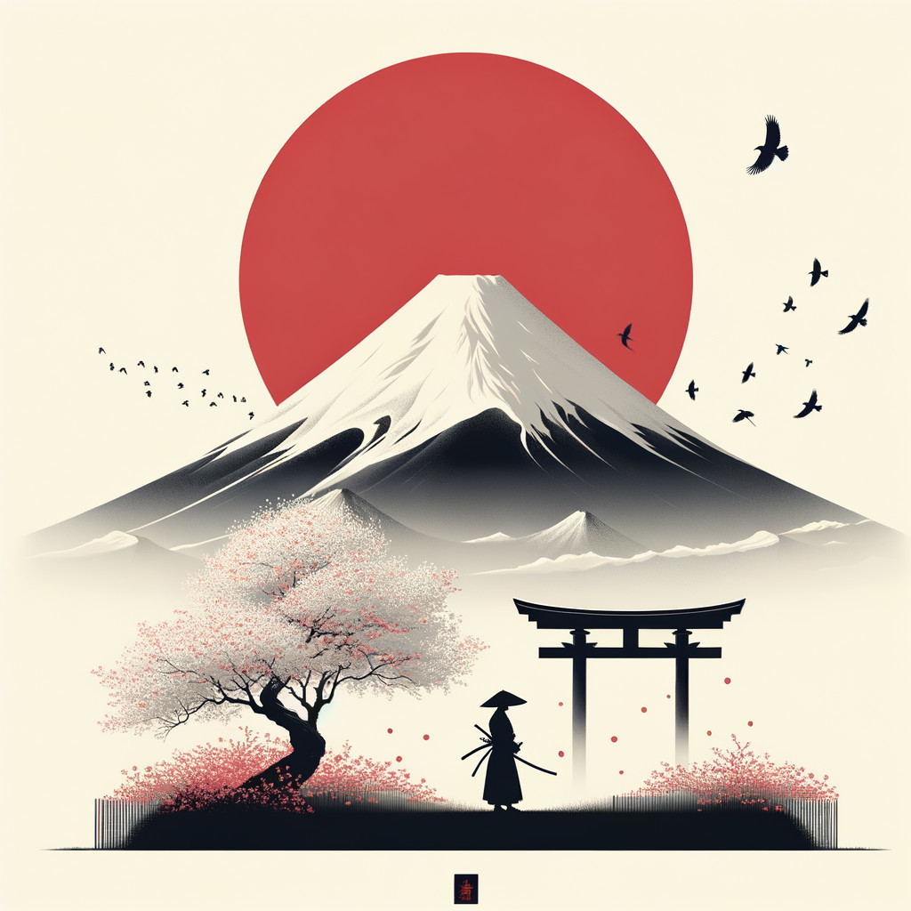 Serene Landscape with Mountain and Cherry Blossoms