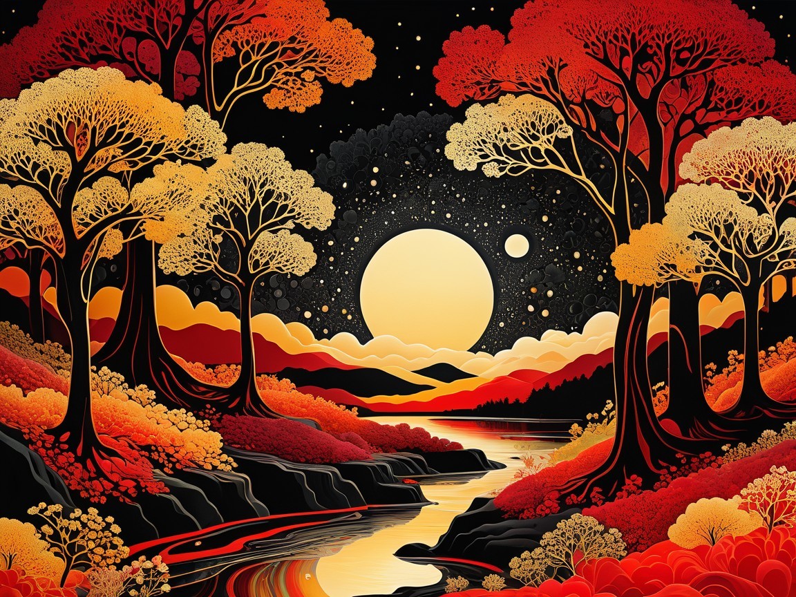 Vibrant Autumn Landscape with Luminous Moon and River