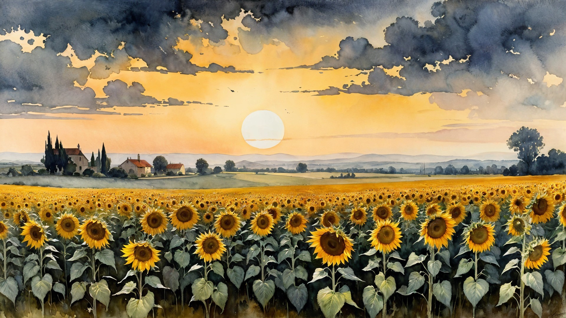 Watercolor Landscape of Sunflowers at Sunset