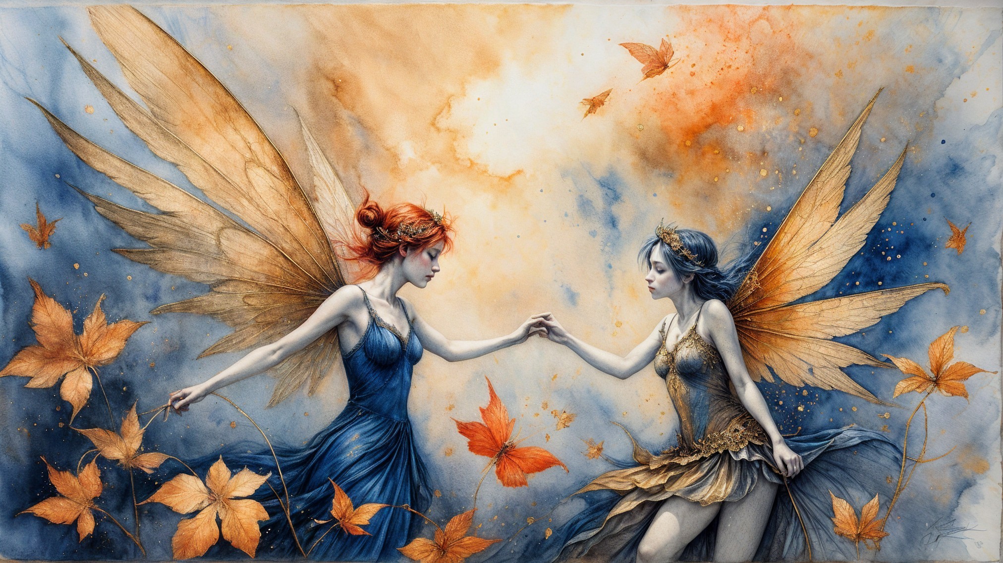 Fairies in a Dreamy Autumn Scene with Floating Leaves