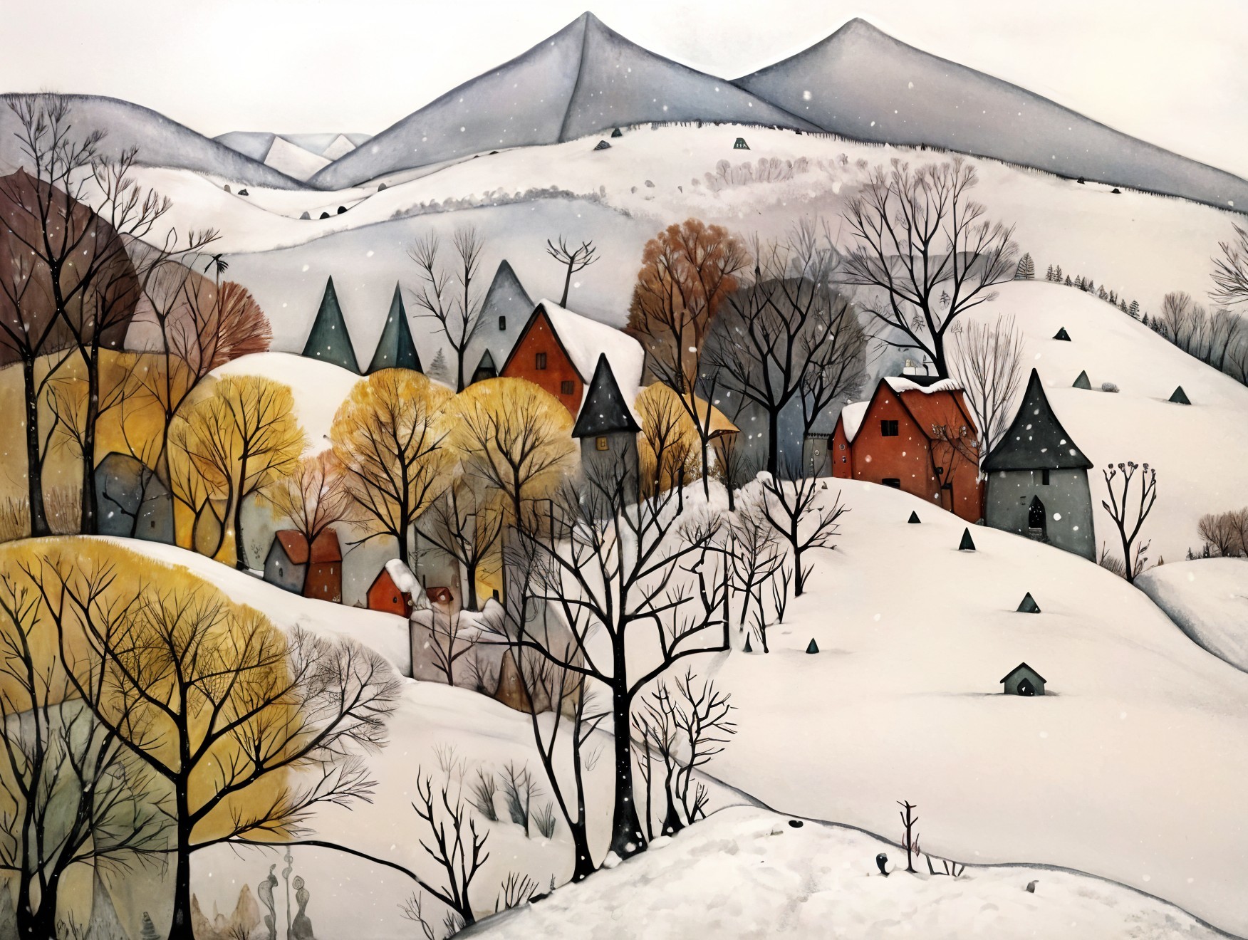 Serene Winter Landscape with Quaint Houses and Hills
