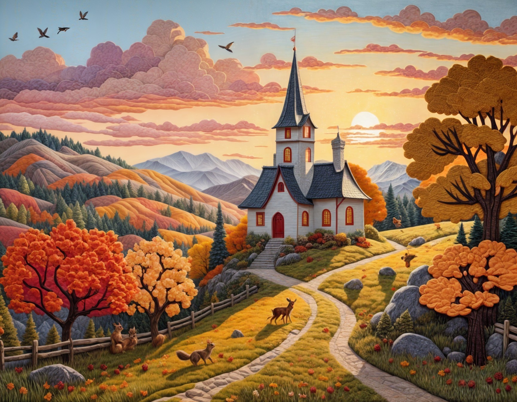 Autumn Landscape with Church and Vibrant Foliage