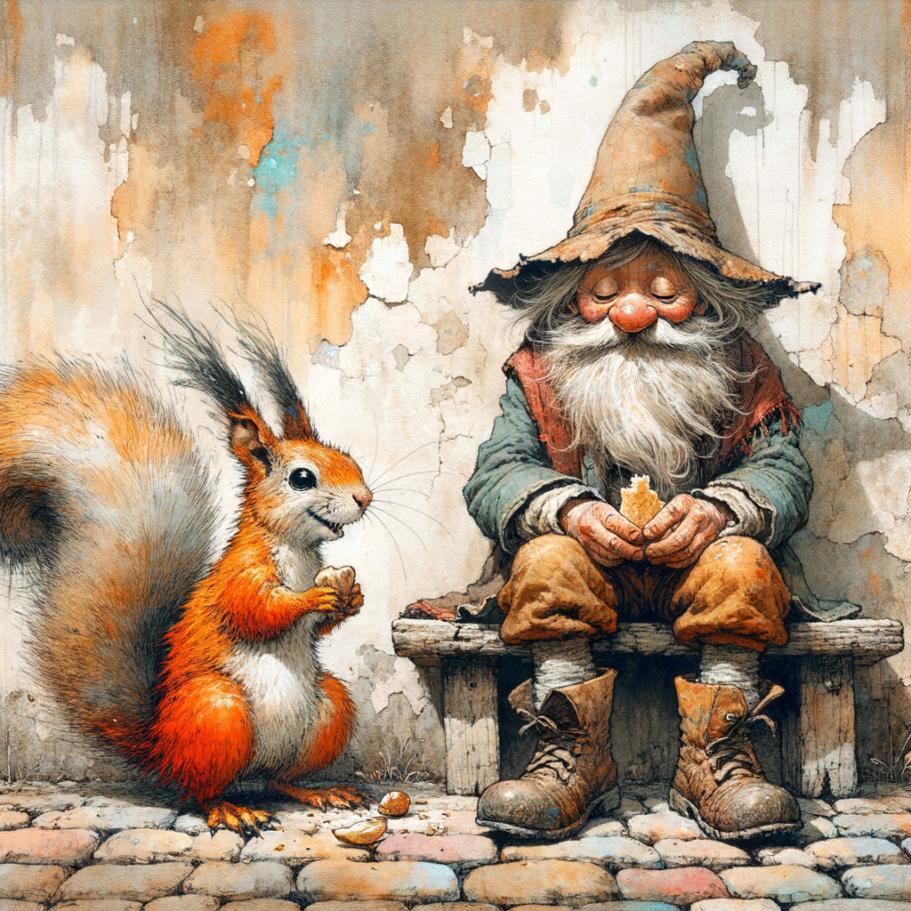 Cheerful gnome and squirrel share a whimsical moment