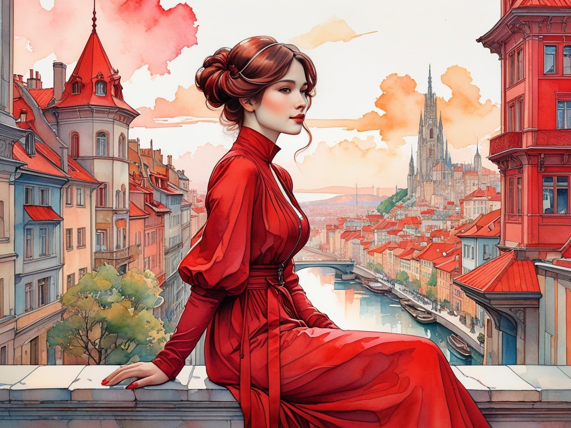 Woman in Red Dress Overlooking Charming Cityscape