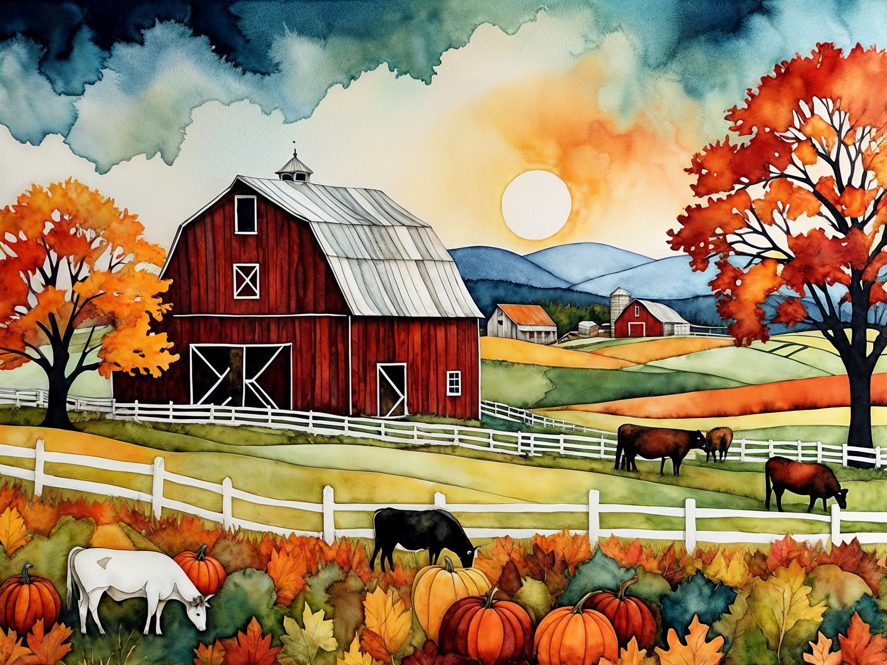 Vibrant Sunset Over a Charming Farm Scene