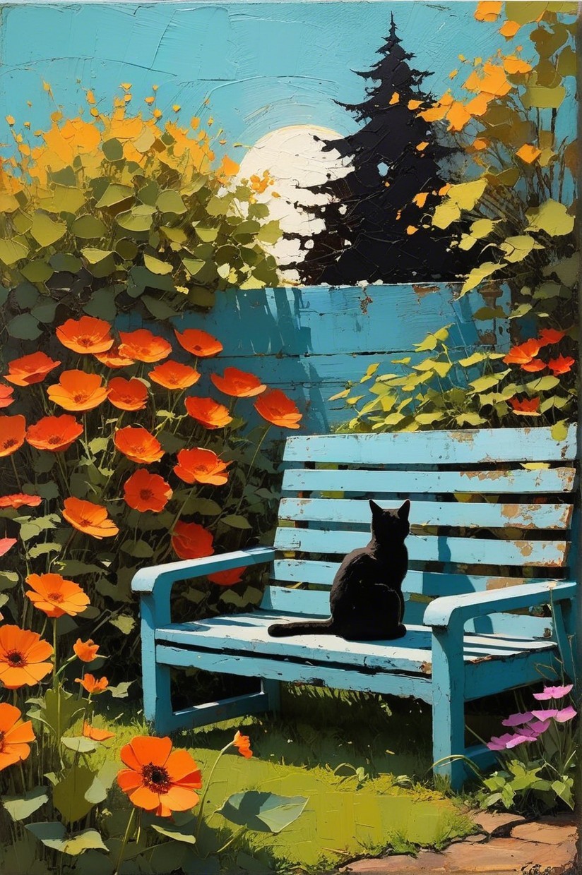 Serene garden with blue bench and sunset backdrop
