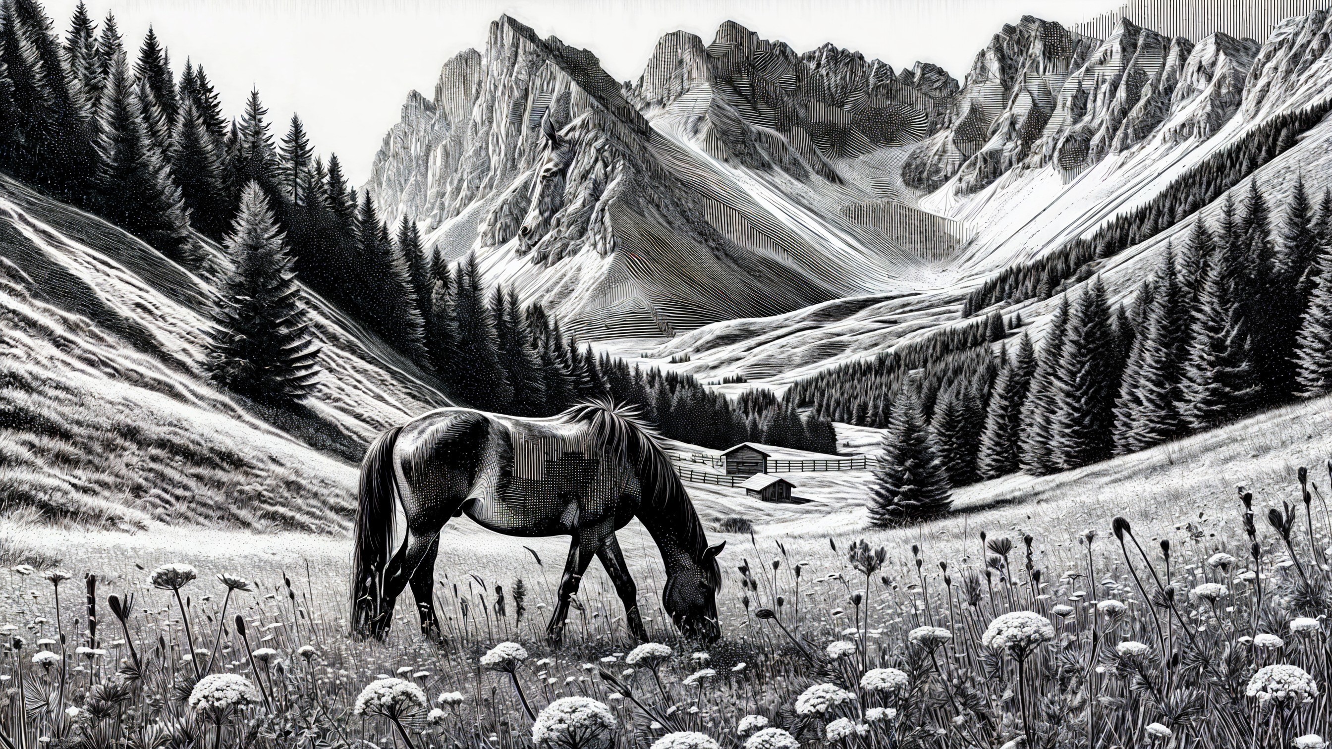 Serene Landscape with Horse in Wildflower Meadow