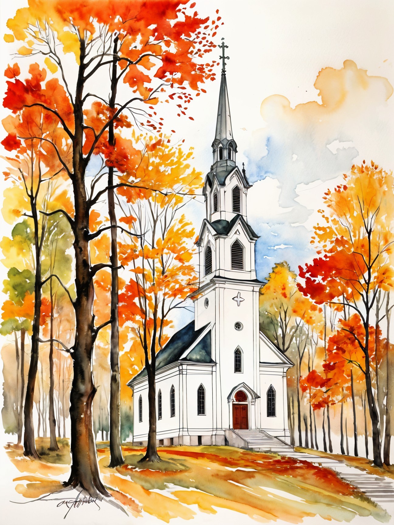 White Church Surrounded by Vibrant Autumn Foliage