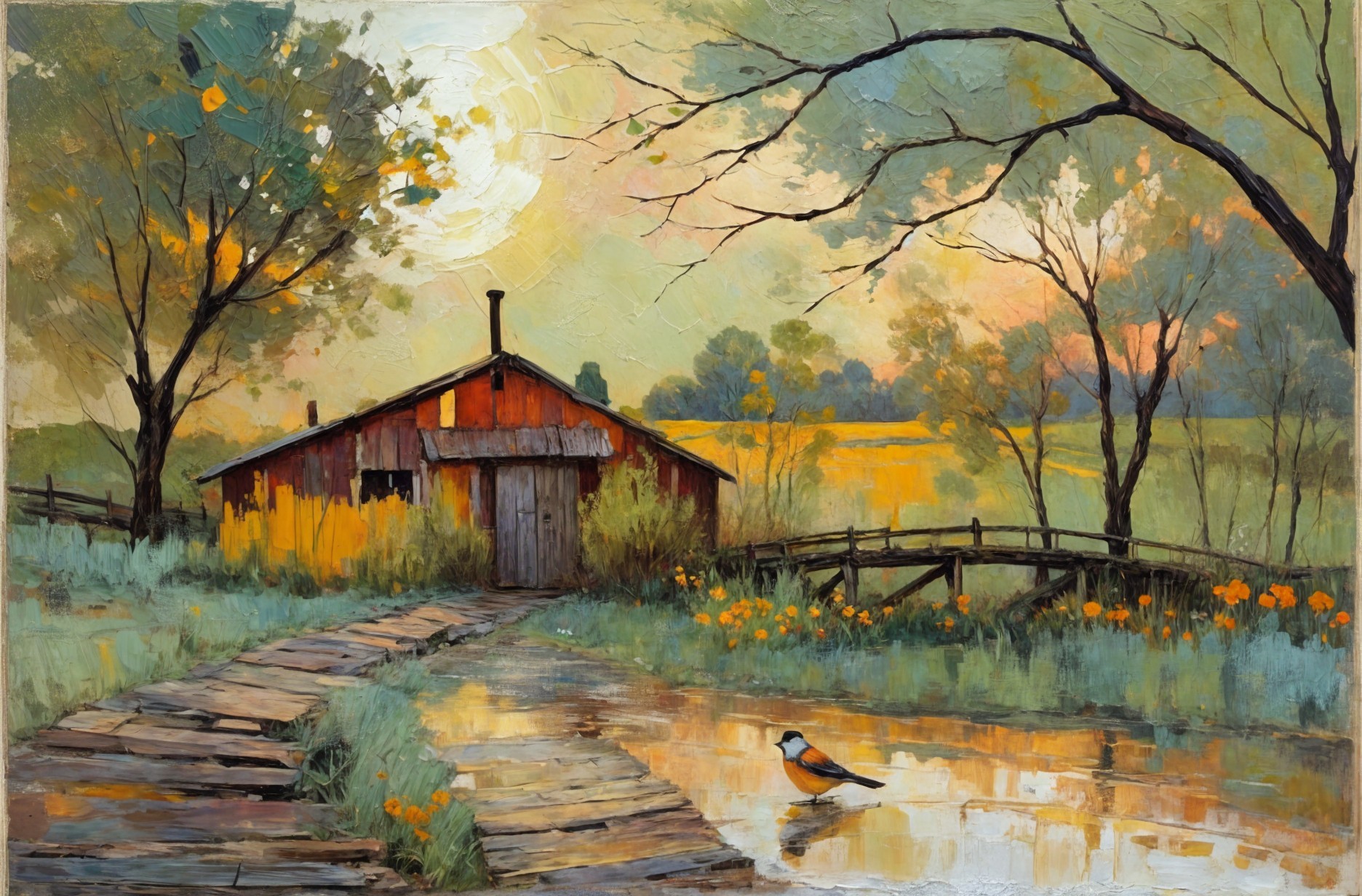 Serene Landscape with Barn and Tranquil Pond