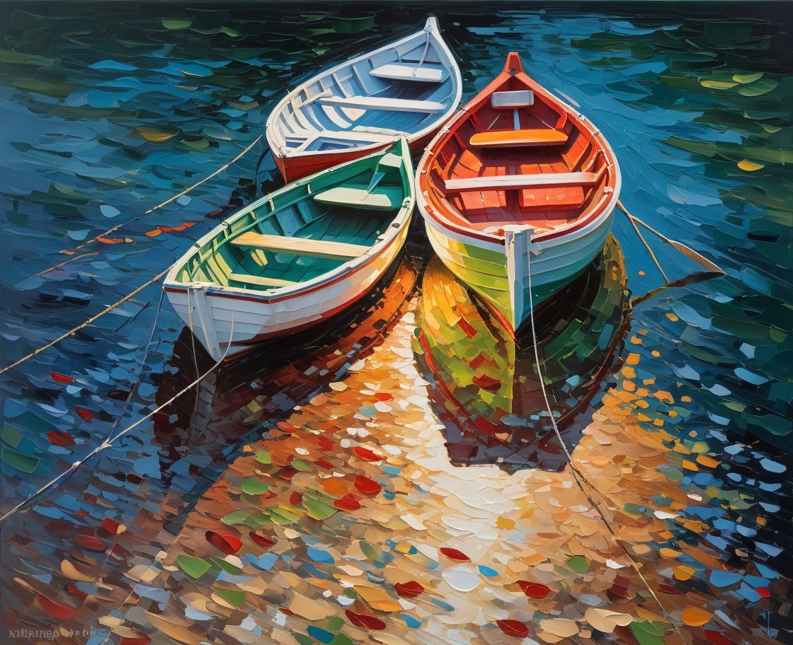 Vibrant Boats on Shimmering Water with Colorful Reflections