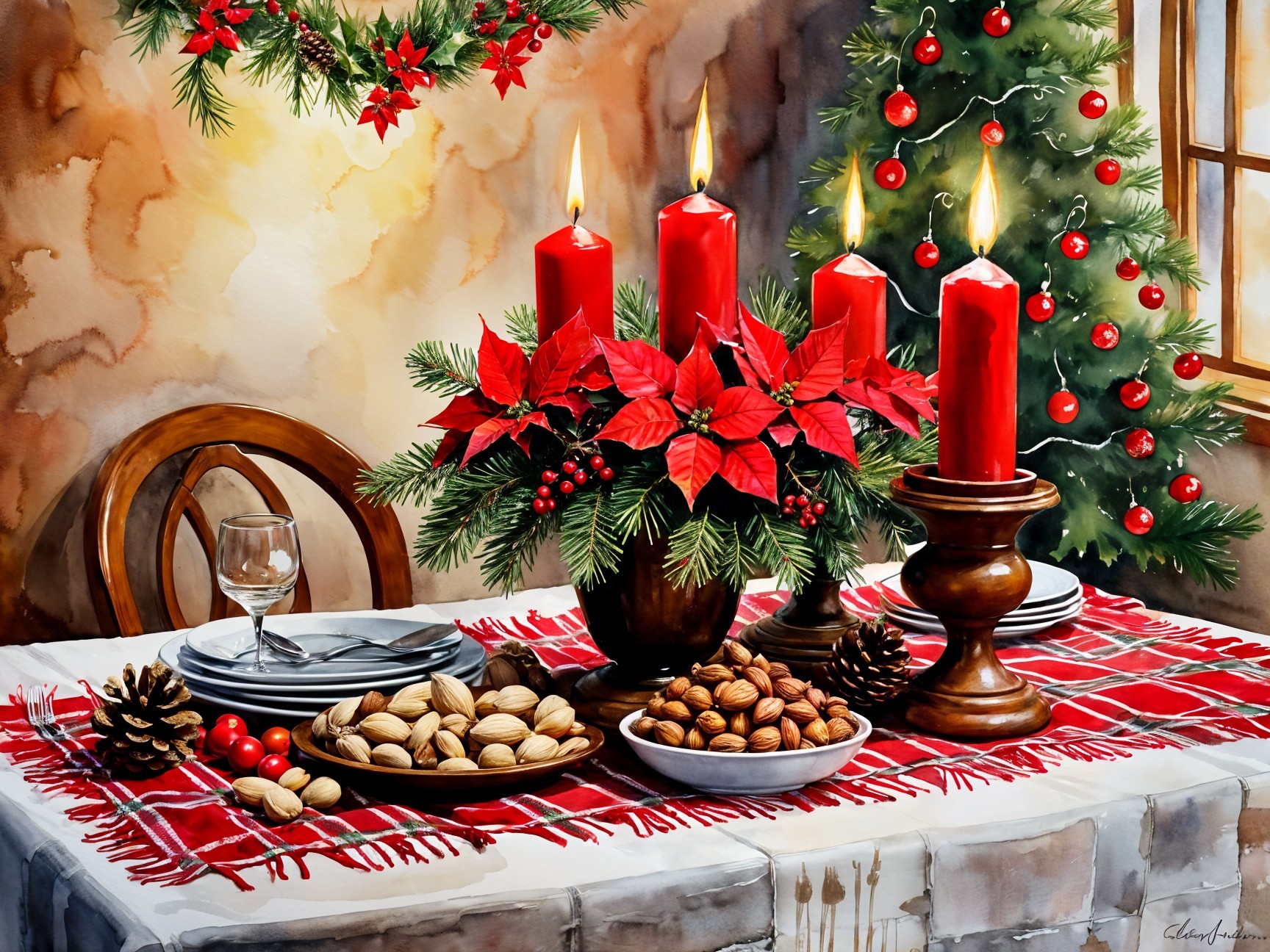 Watercolor Painting of a Christmas Dining Table Setting