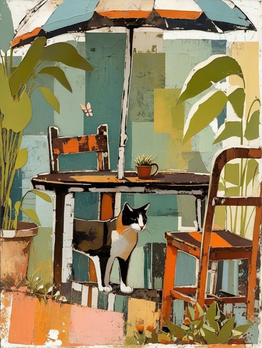 Serene Outdoor Scene with Rustic Table and Cat