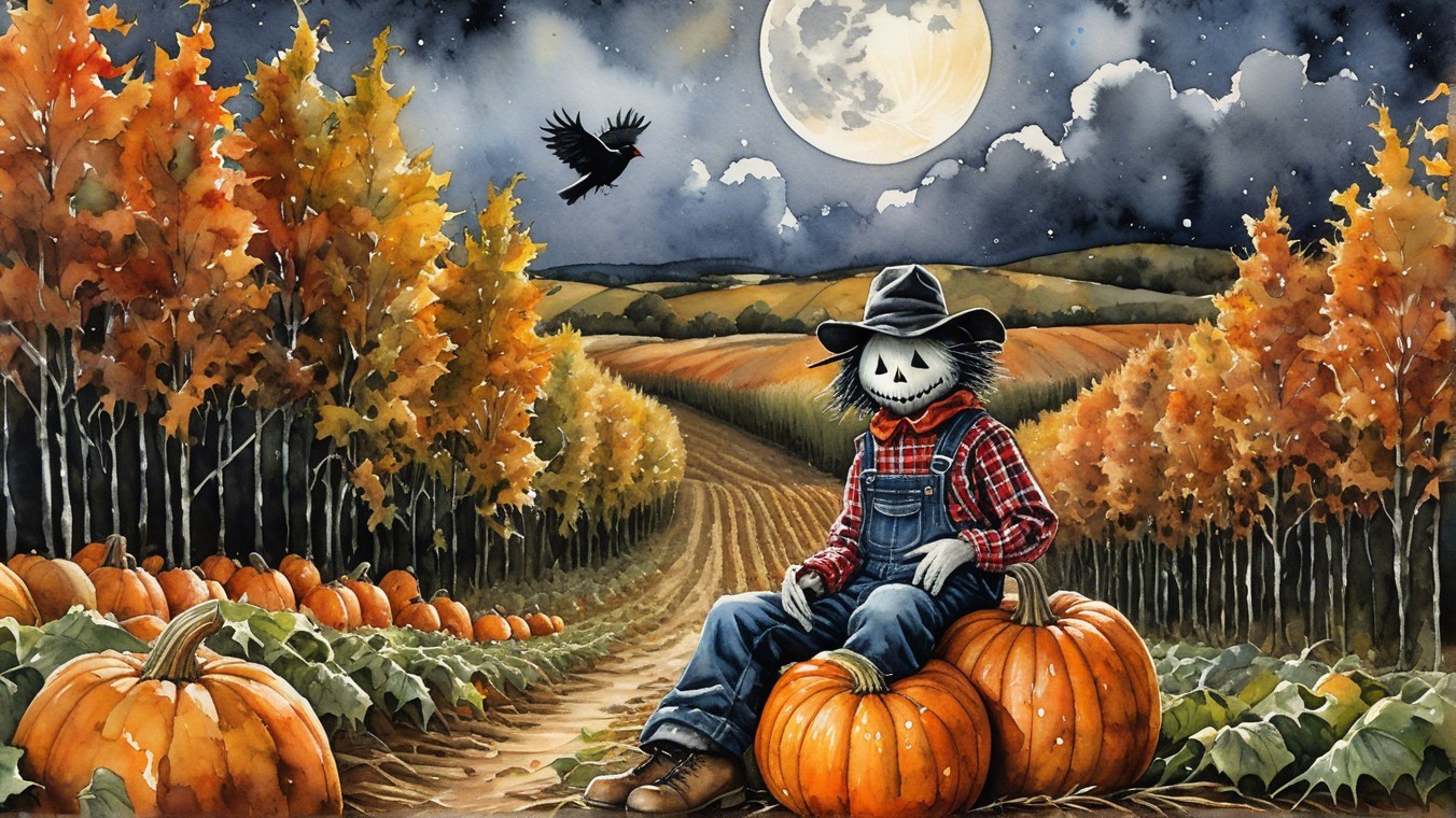 Whimsical Scarecrow in Vibrant Autumn Field