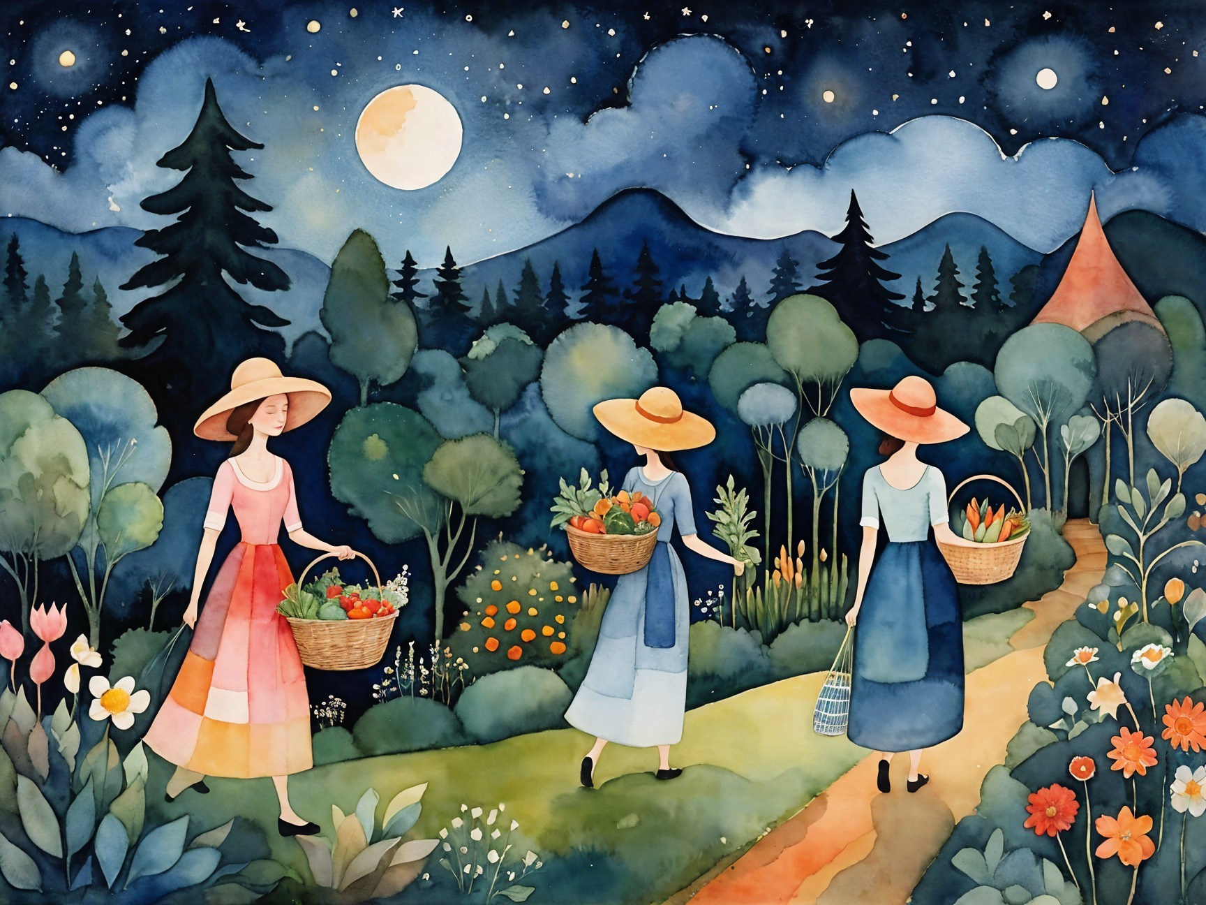 Women in Hats Walking Under a Starlit Sky