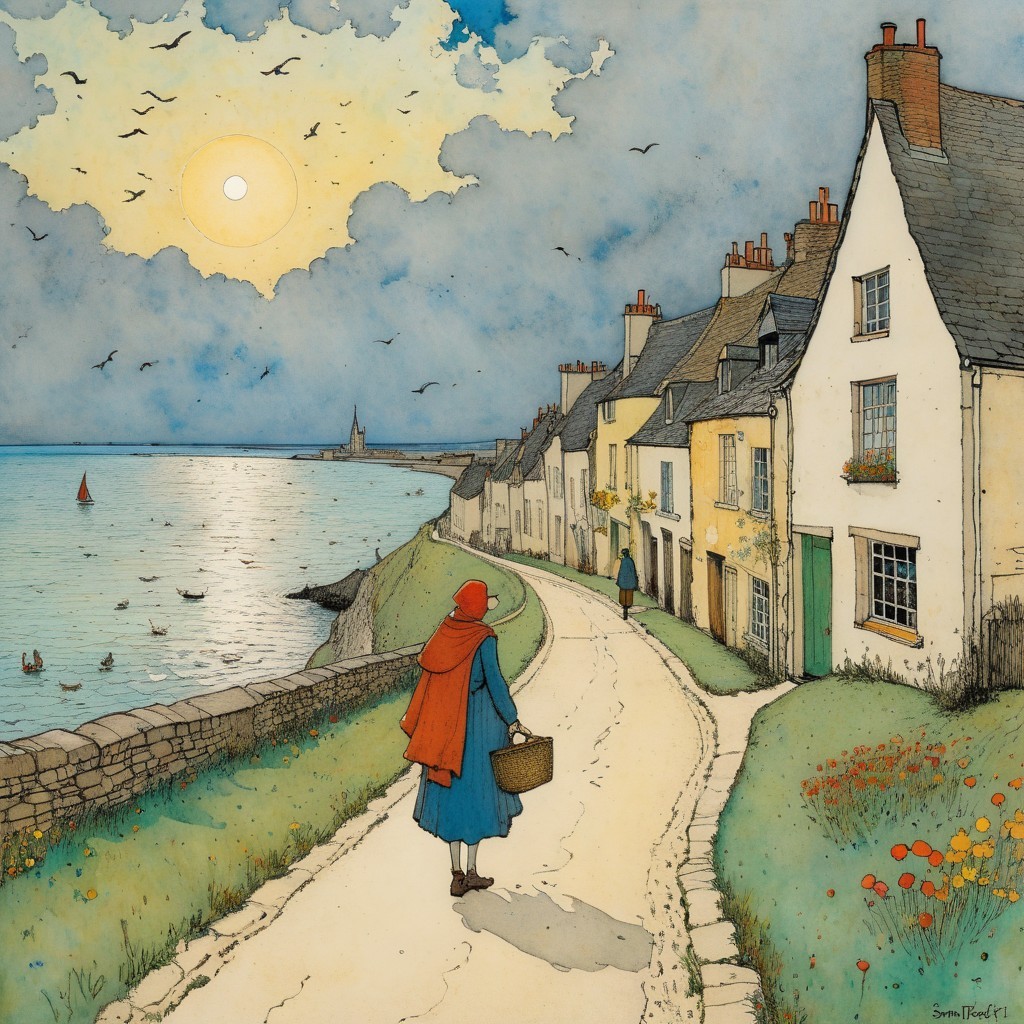 Coastal Scene with Figures and Quaint Cottages