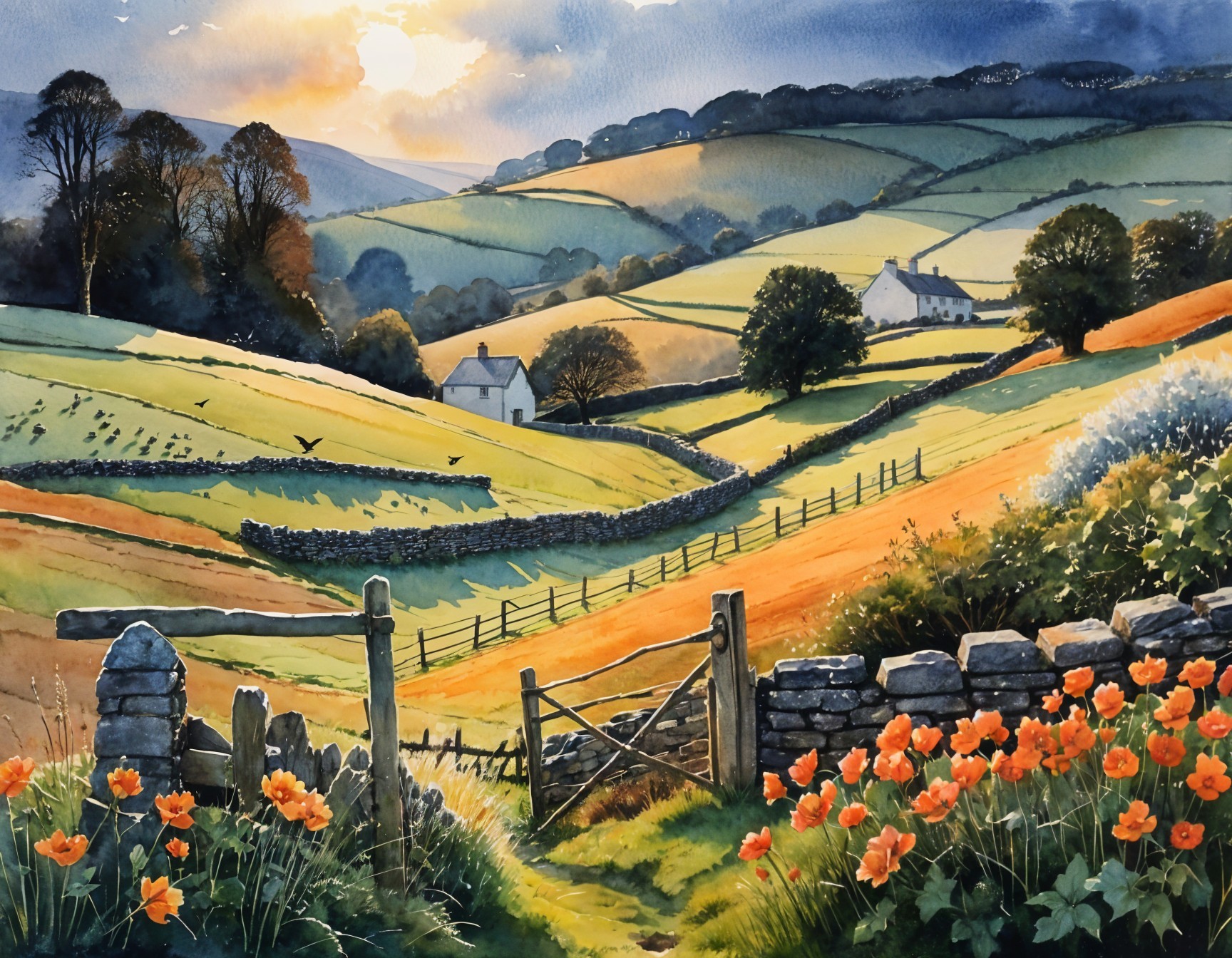 Serene Countryside Landscape with Rolling Hills and Wildlife