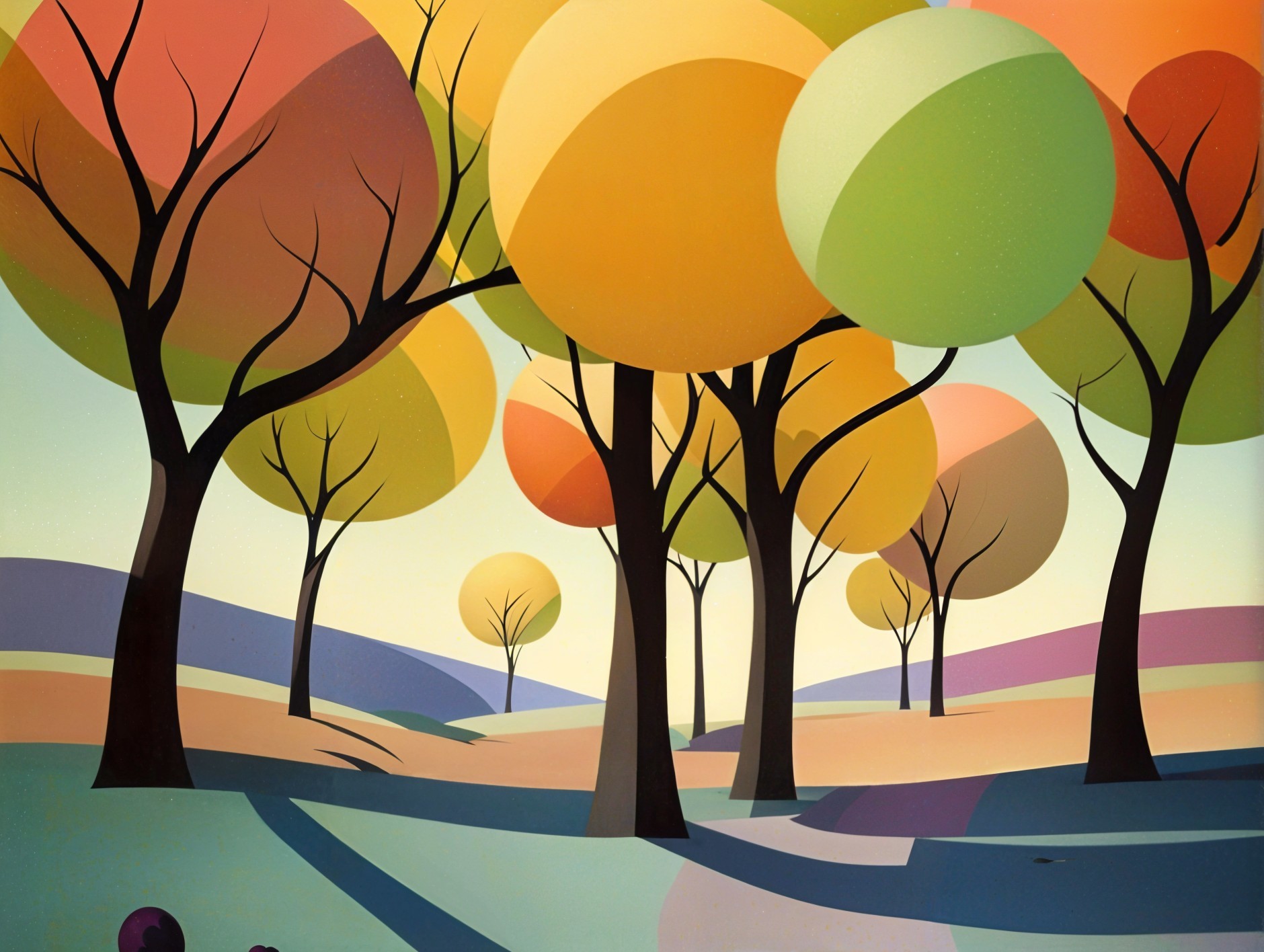 Vibrant Landscape with Colorful Stylized Trees