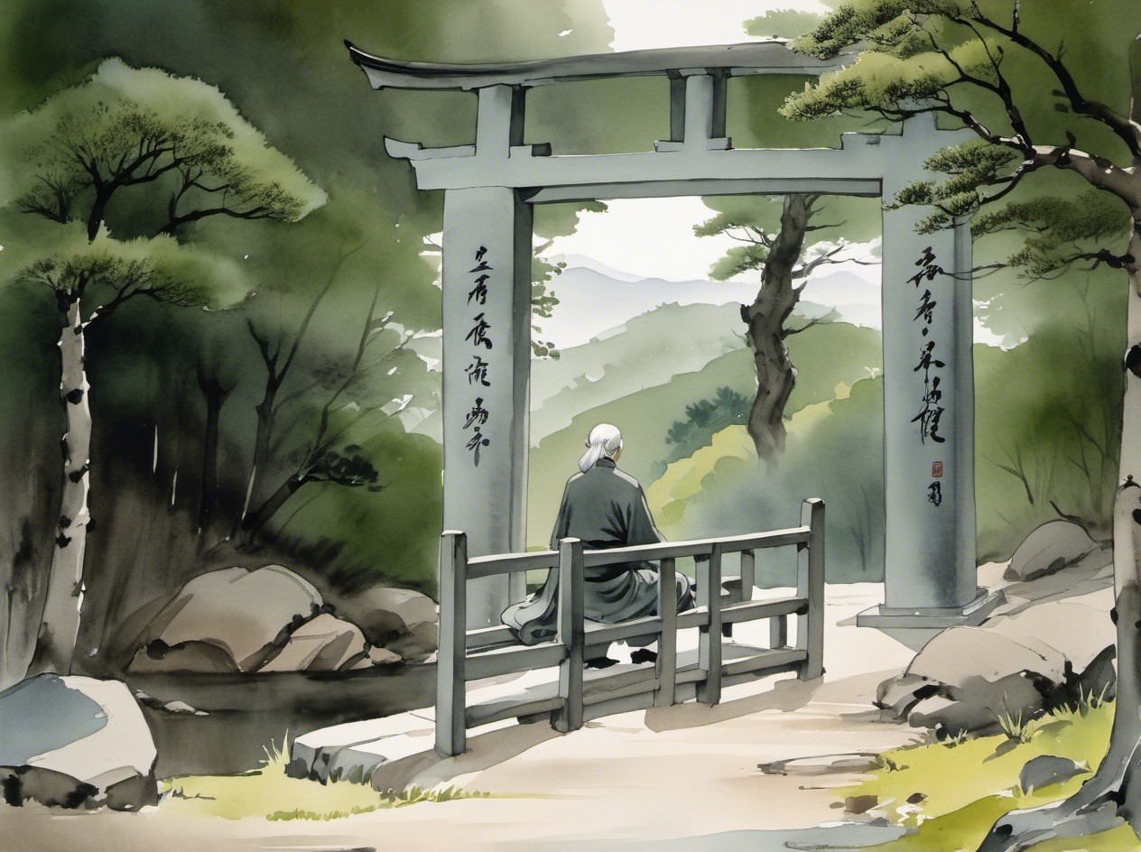 Elderly Figure on Bridge by Tranquil Stream Landscape