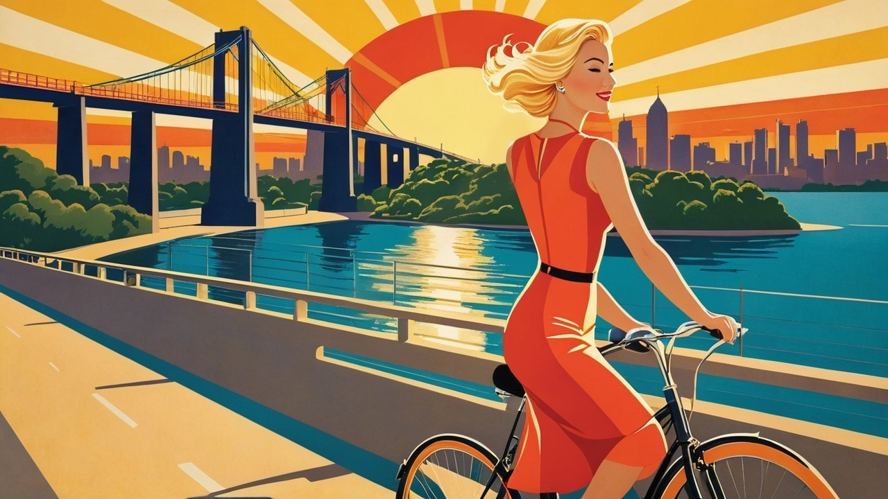 Woman on Bicycle at Scenic Waterfront Sunset