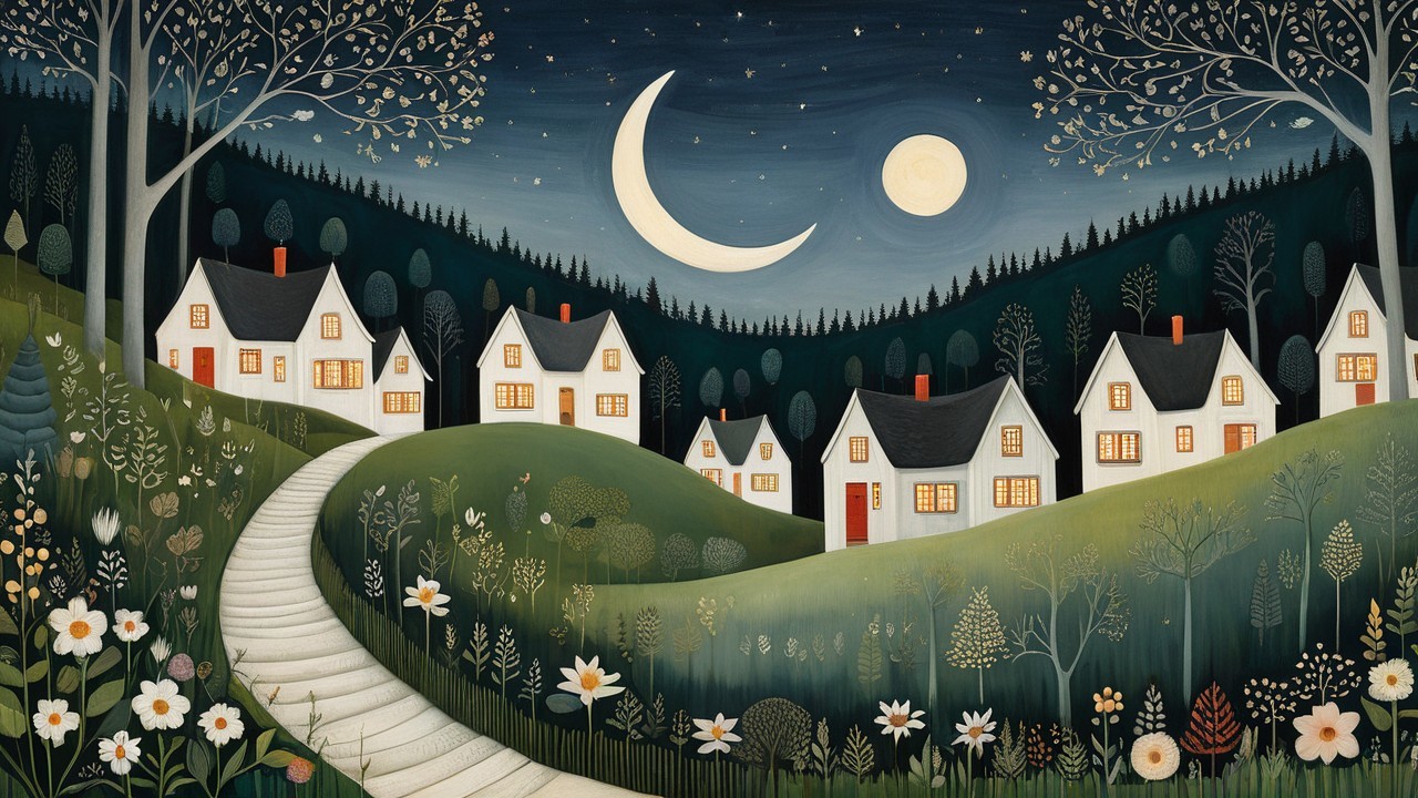 Whimsical Night Scene with Moons and Charming Houses