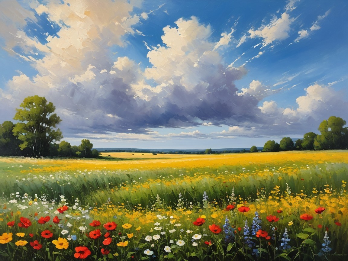 Vibrant Landscape with Colorful Wildflowers and Trees