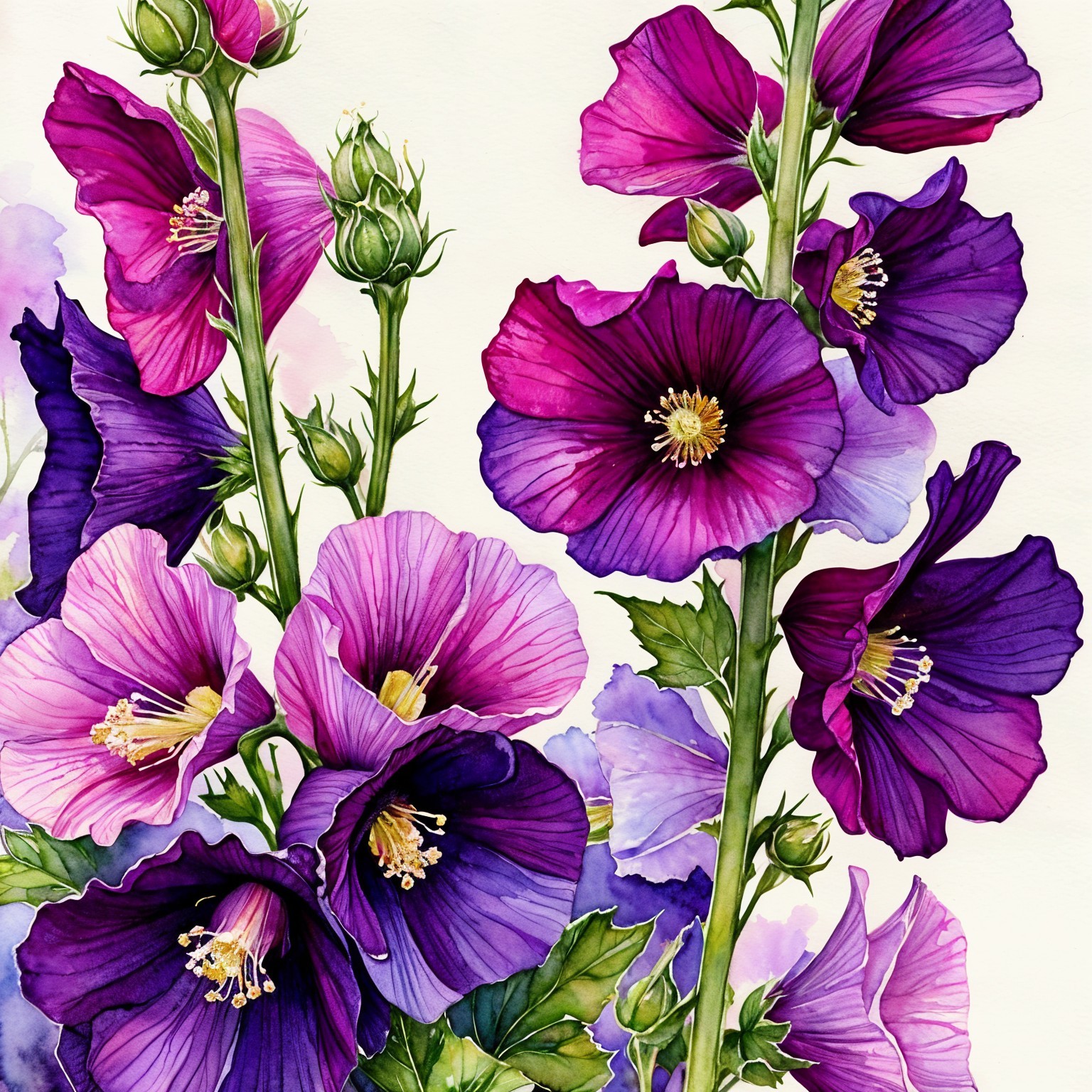 Vibrant Watercolor Illustration of Hollyhock Flowers