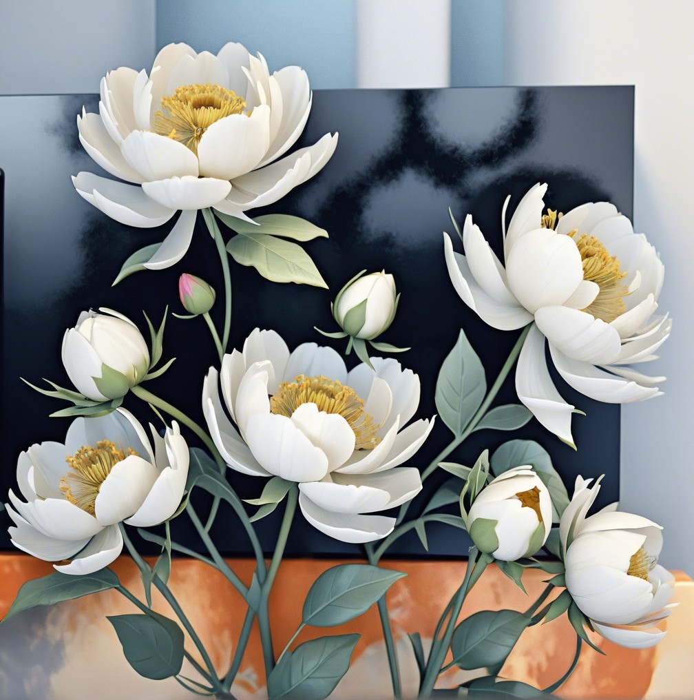 Elegant White Peonies with Green Leaves and Buds