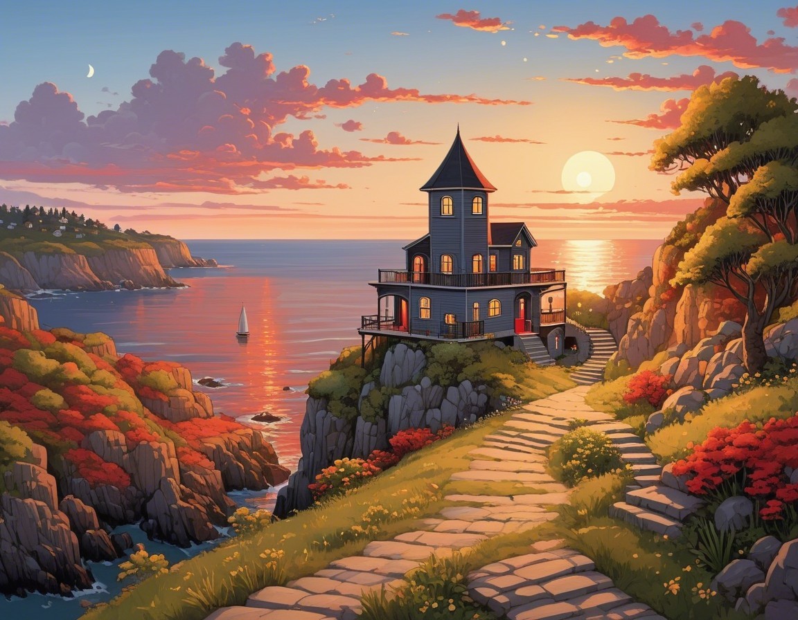 Seaside House with Tower on Rocky Cliffs at Sunset
