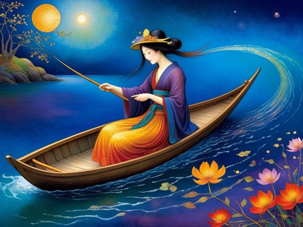 Traditional Attire Woman Fishing in Tranquil Waters