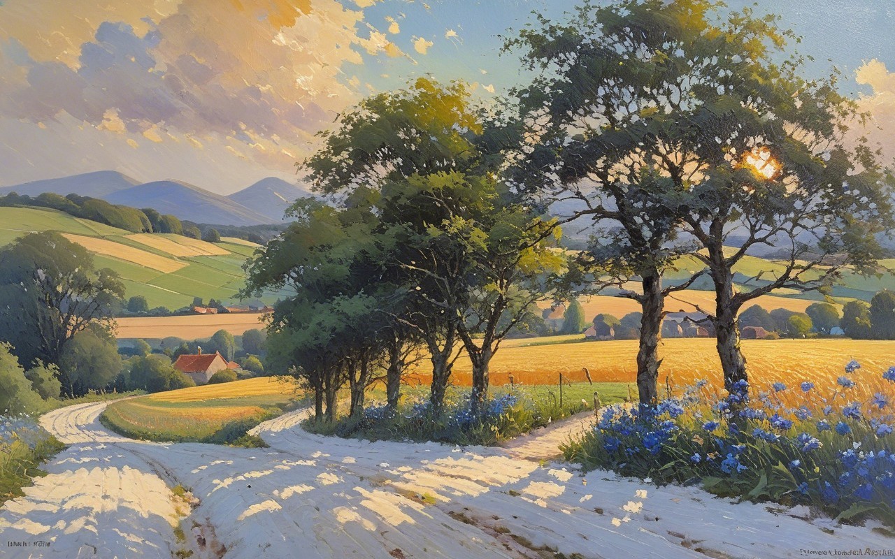 Serene Countryside Scene with Lush Greenery and Hills