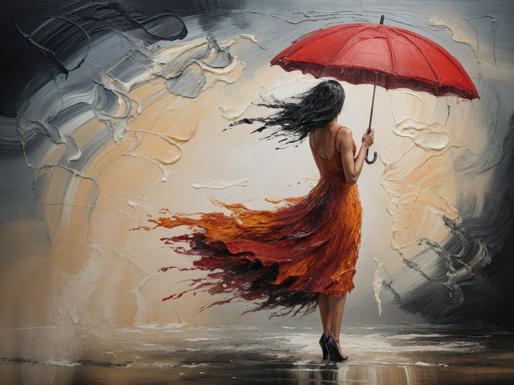 Woman with Red Umbrella in Abstract Background